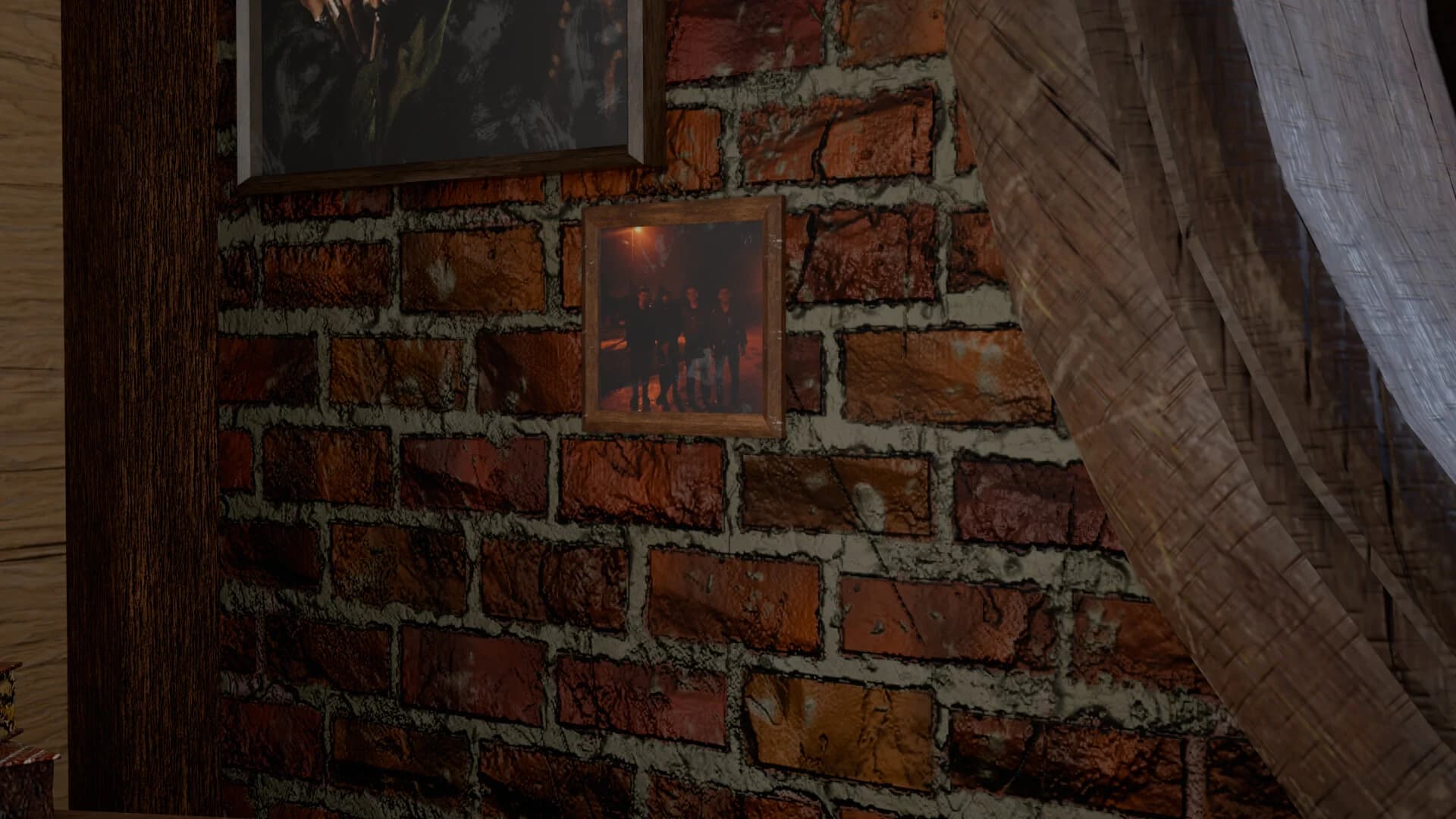 Brick wall with a framed photo and curtain