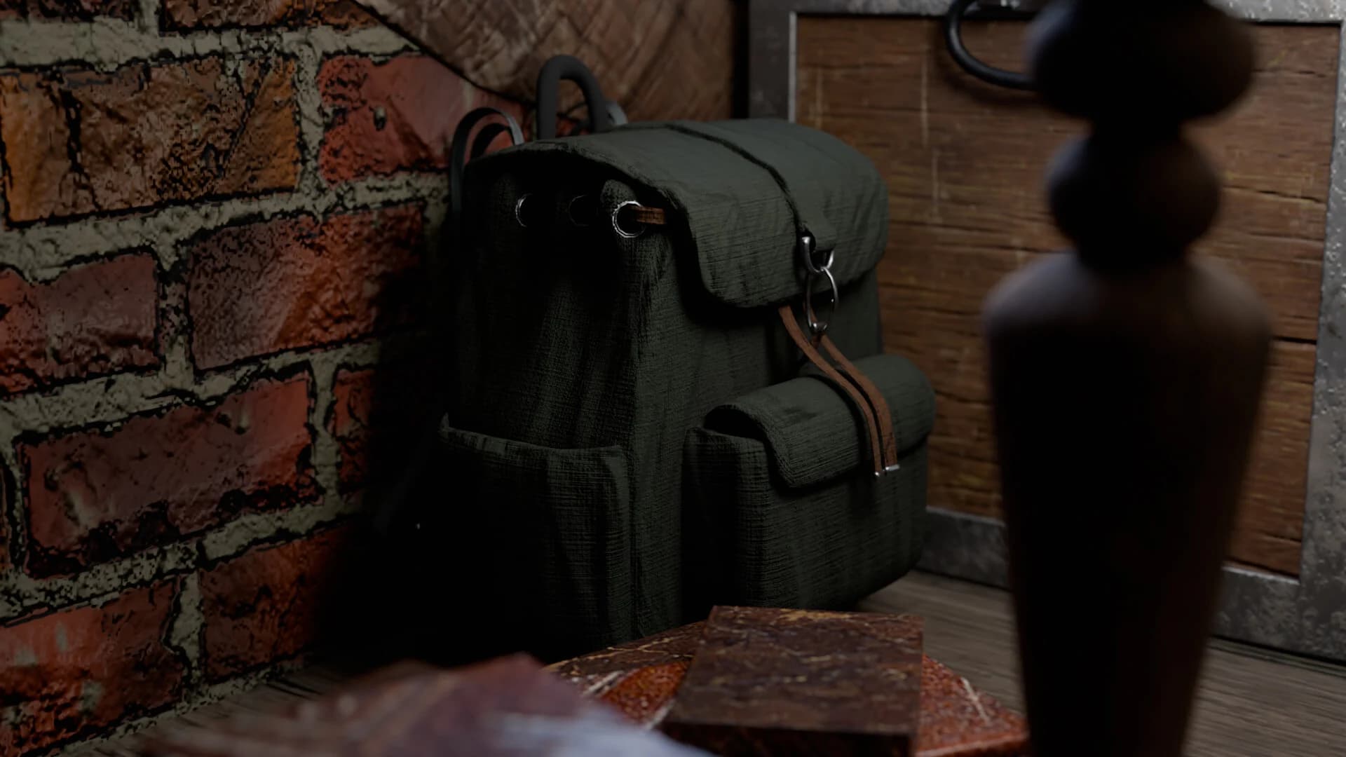 Canvas backpack against the brick wall