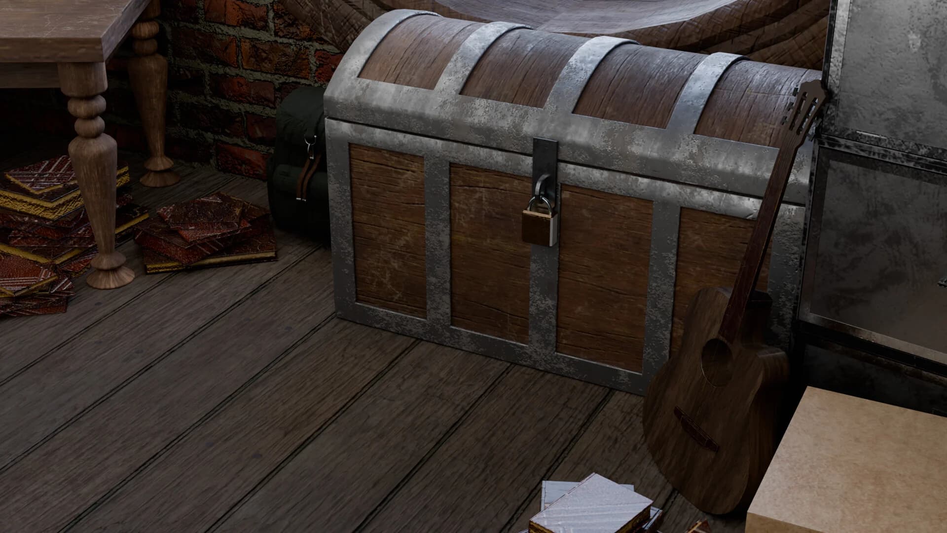 Wooden chest with metal bands and padlock