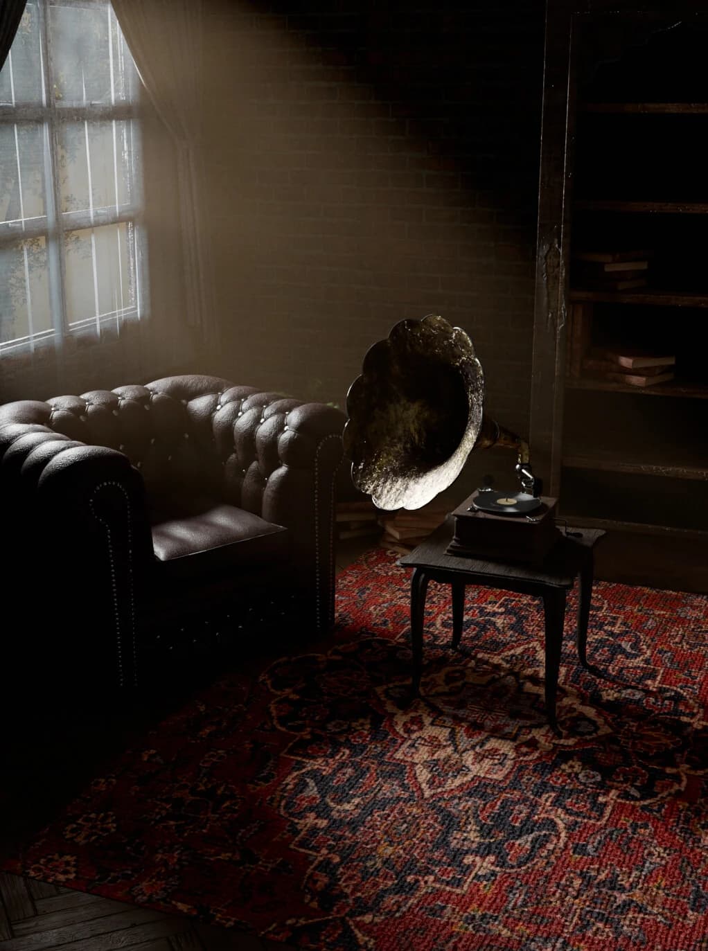 Window light falling on the armchair and gramophone