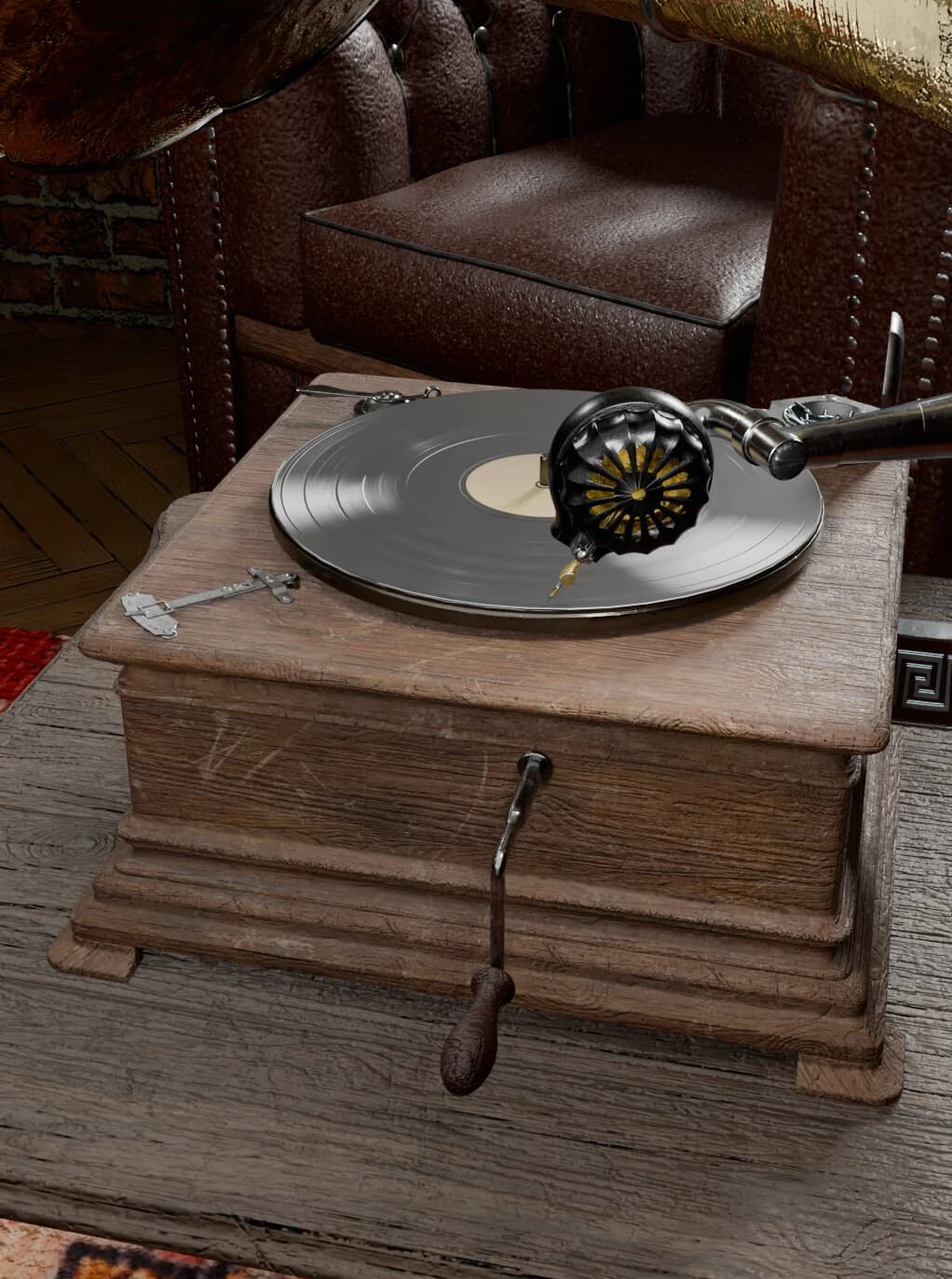 Record, tonearm and crank of the gramophone