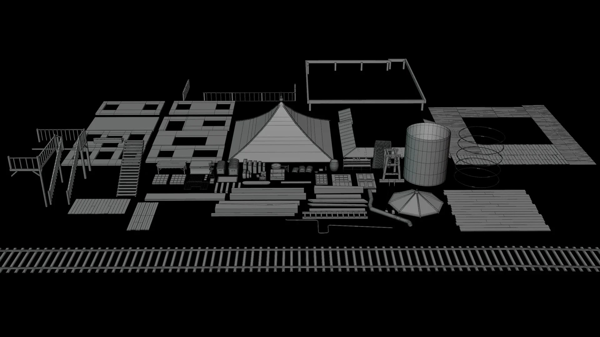 Red Dead Redemption 2-Inspired Environment Scene — Modular Kit — Wireframe
