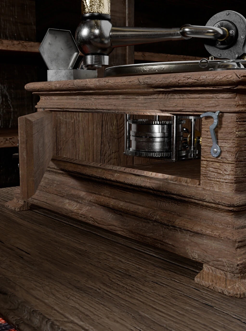 Open gramophone cabinet showing the spring motor